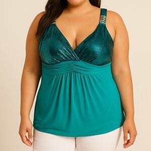 New Plus Size Women’s Stretchy Teal Sleeveless Top Shimmer Silver Metal Detail